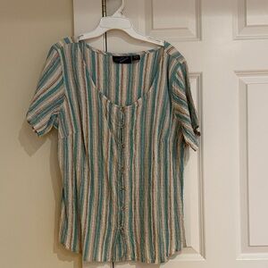 Teal and Beige Striped Button-Down Shirt